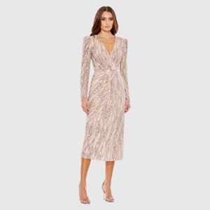 Mac DuggalLong Sleeve V Neck Beaded Cocktail Dress 